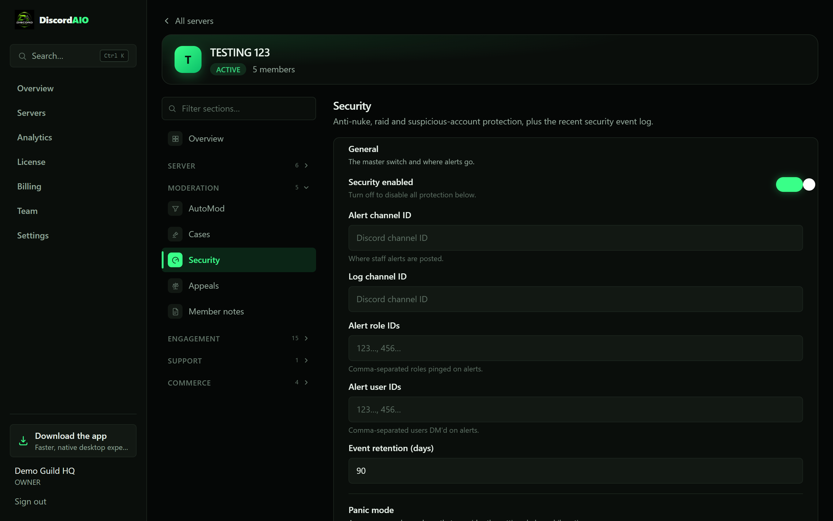 Security & anti-nuke in the DiscordAIO desktop app